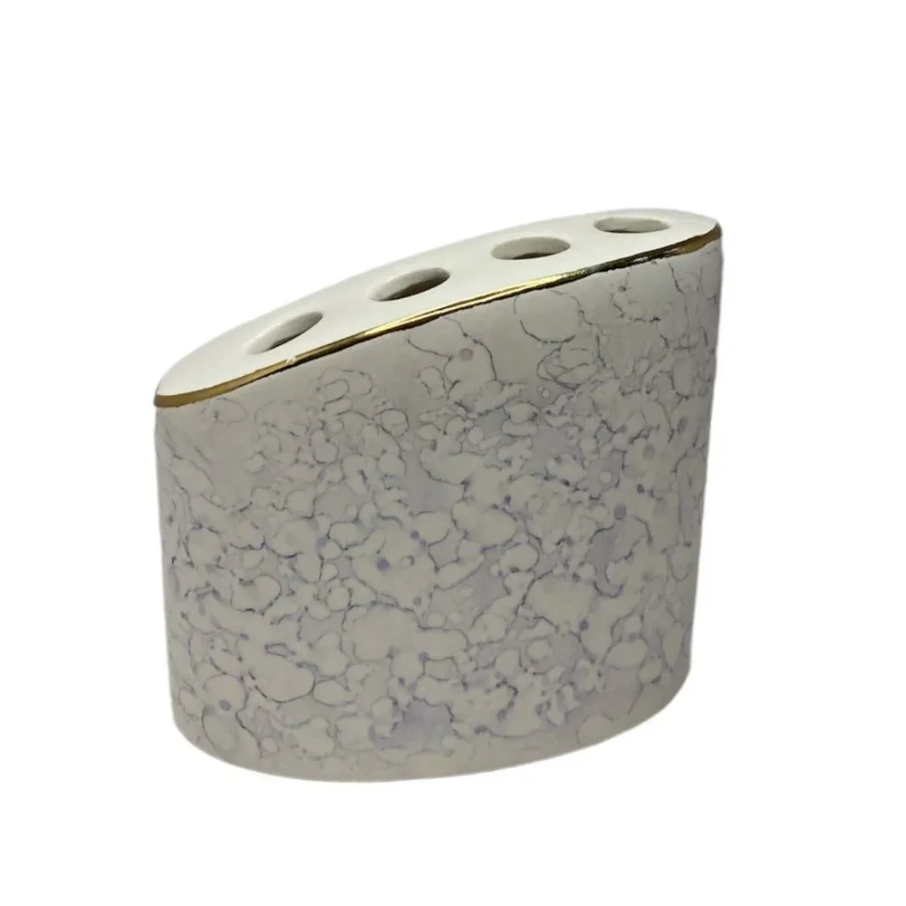 Vtg Ceramic Toothbrush Holder MCM Marble Pattern Gold Trim Hollywood Regency Mod